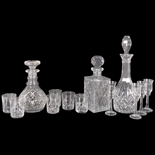 304 - 3 cut-crystal decanters and stoppers, tallest 36cm, 6 Whisky tumblers, and 4 liqueur glasses