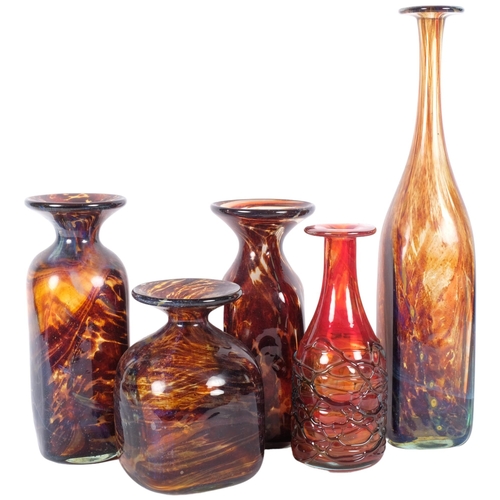 312 - A tall Mdina glass bottle vase, 37.5cm, a Mdina carafe with tracery decoration, and 3 others