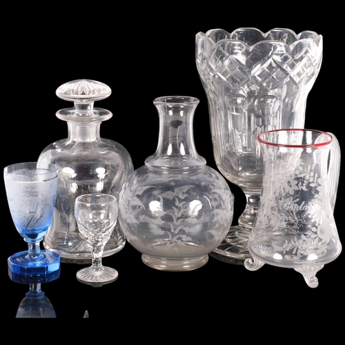 315 - A quantity of Victorian glassware, including an etched glass tankard dated 1873, H15cm