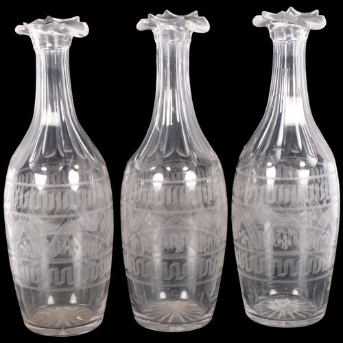 316 - 3 x 19th cut and geometric engraved glass carafes, H25cm