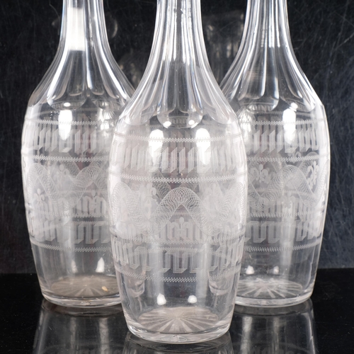 316 - 3 x 19th cut and geometric engraved glass carafes, H25cm