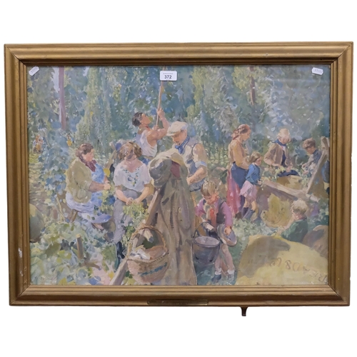 372 - Whitbread hop pickers print, by T C Dugdale, 1937, gilt-frame, 59cm x 78cm overall