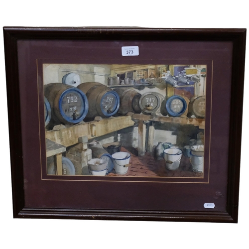 373 - G W Lewis, watercolour, beer cellar with jugs and enamel buckets, framed, 47cm x 54cm