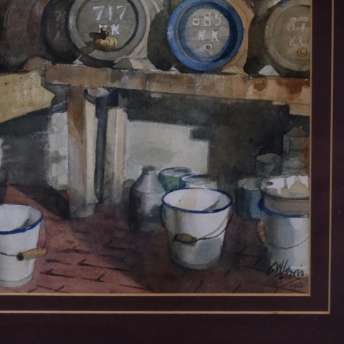 373 - G W Lewis, watercolour, beer cellar with jugs and enamel buckets, framed, 47cm x 54cm