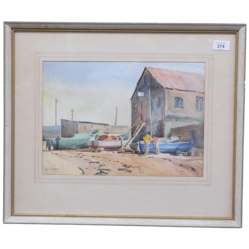 374 - Alan R Cook, pair of watercolours, boatyard scenes, framed, 46cm x 54cm overall