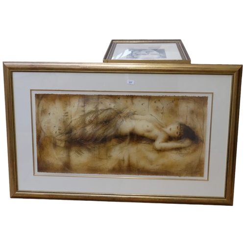 377 - A large gilt-framed study of a reclining nude girl, 81cm x 132cm overall