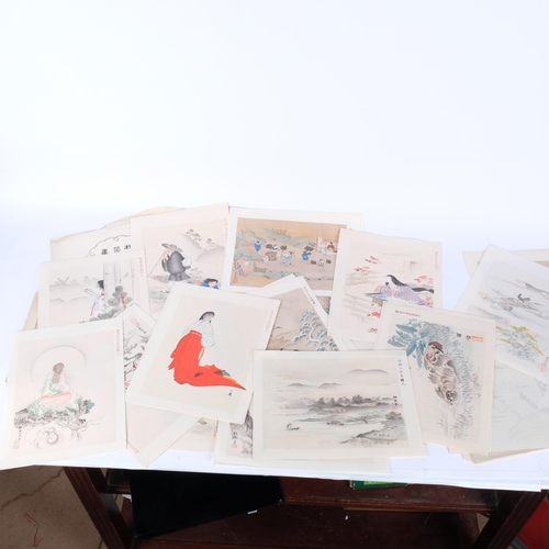 396 - A folder of unframed Oriental watercolours, a pencil portrait by Dorothy Roberts, etc