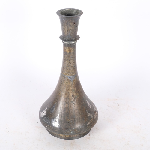 398 - Antique Middle Eastern engraved and silvered metal vase, with bird decoration, H23cm