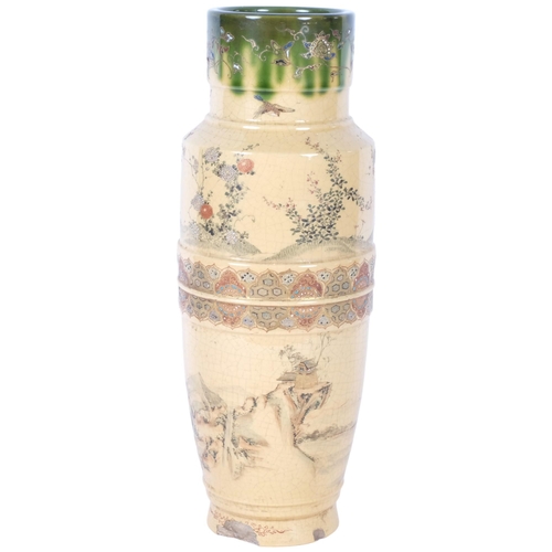 399 - Antique Japanese stoneware vase, with painted and enamelled landscape bird and floral decoration, si... 