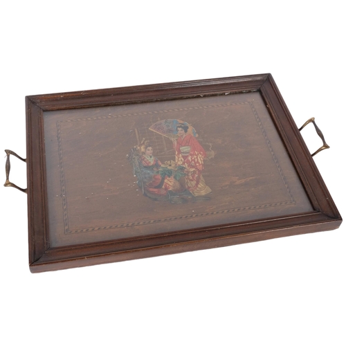 401 - Antique mahogany tea tray with brass handles, painted and gilded panel depicting Geisha girls, under... 