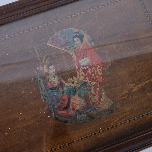 401 - Antique mahogany tea tray with brass handles, painted and gilded panel depicting Geisha girls, under... 