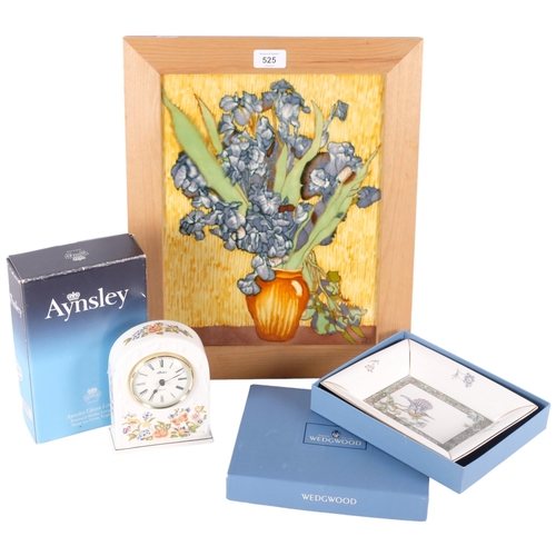 525 - A large framed ceramic tile, irises still life, 43cm x 36cm, and a boxed Aynsley china mantel clock,... 