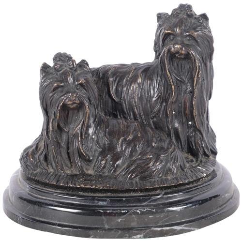 542 - A bronze sculpture of a pair of Yorkshire Terriers, on marble base, indistinctly signed, H12cm