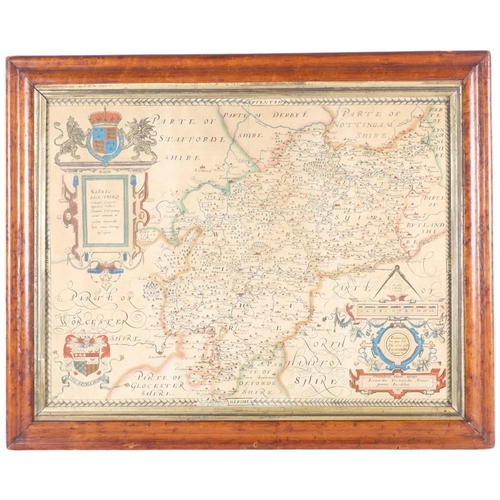 545 - An 18th century hand coloured map of Warwickshire, framed, 50cm x 62cm