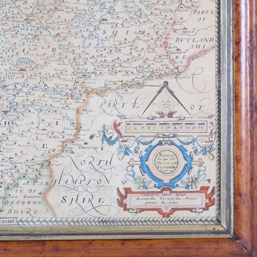 545 - An 18th century hand coloured map of Warwickshire, framed, 50cm x 62cm