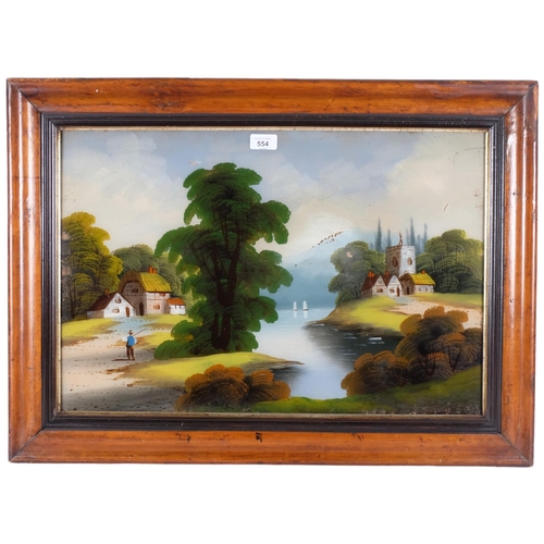 554 - A reverse painted picture on glass, landscape scene, framed, 55cm x 75cm