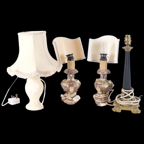 575 - A pair of giltwood decorative table lamps, and a marble base table lamp with shade, and another, lar... 