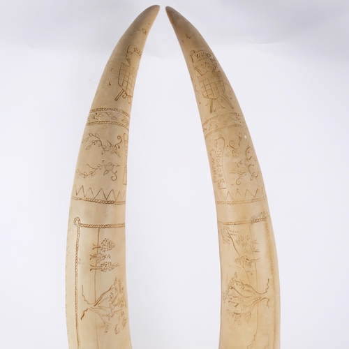 580 - A pair of composition Scrimshaw style tusks on plinths, H76cm