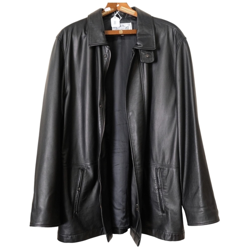 590 - A Vera Pelle gentleman's black leather jacket, size XL?, and a lady's black rain mac, size 12 (2)