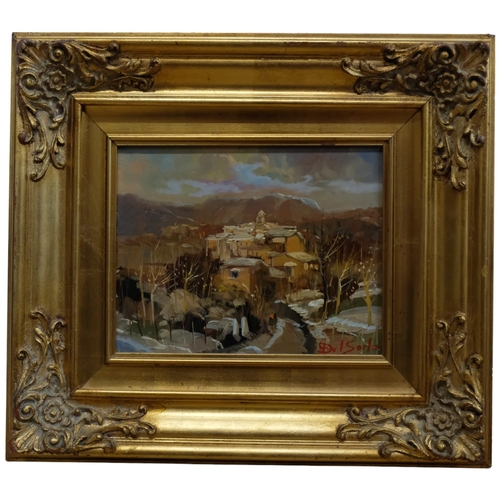 593 - A modern oil on board, continental buildings. 47x53cm. Gilt framed.