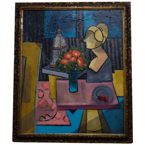 595 - Carol Maddison - A contemporary oil on board, abstract still life, signed. 77x59cm. Framed.