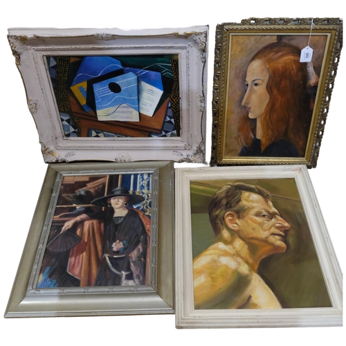 598 - A group of 4 modern oils on board. 3 portrait studies and another, all framed.