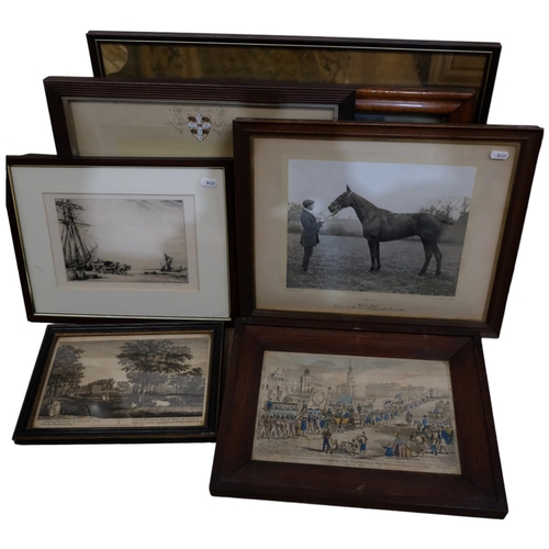 602 - A group of various prints and pictures, including a maple frames pear's print, hunting photographs, ... 