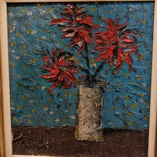 604 - An impasto oil on board - still life, vase of flowers. 70x66cm, framed.