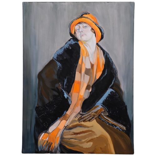 612 - Clive Fredriksson - oil on canvas - lady dressed for winter. 80x59cm, unframed, unsigned.