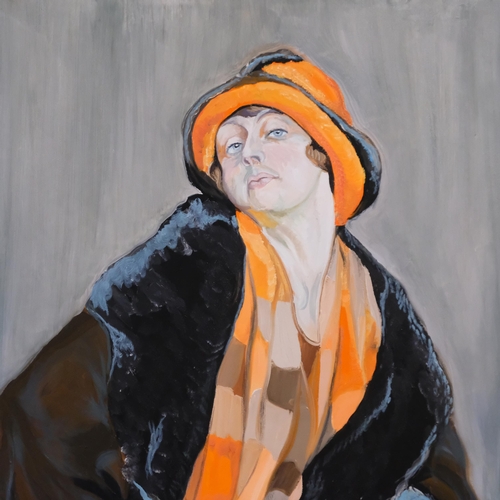 612 - Clive Fredriksson - oil on canvas - lady dressed for winter. 80x59cm, unframed, unsigned.