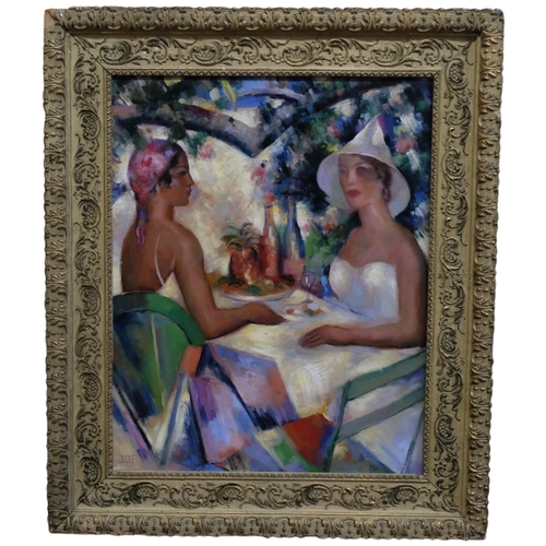 616 - A contemporary oil on board - ladies having lunch. 65x54cm, gilt gesso framed.