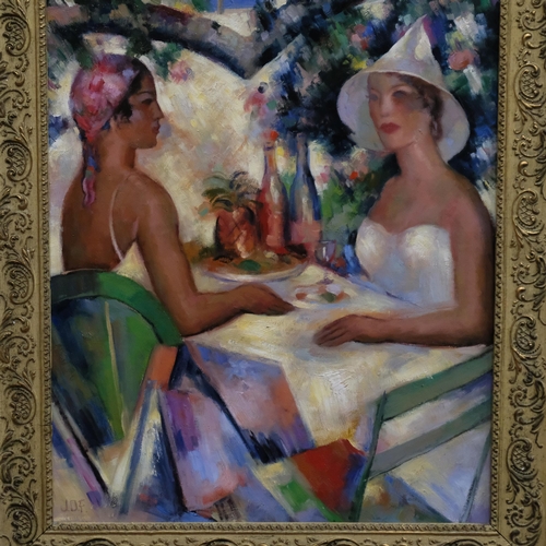 616 - A contemporary oil on board - ladies having lunch. 65x54cm, gilt gesso framed.