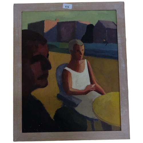 618 - Andrew Stephensen - oil on board - harbor scene and an oil on canvass - seated figures. Signed and d... 