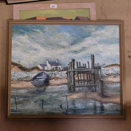 618 - Andrew Stephensen - oil on board - harbor scene and an oil on canvass - seated figures. Signed and d... 