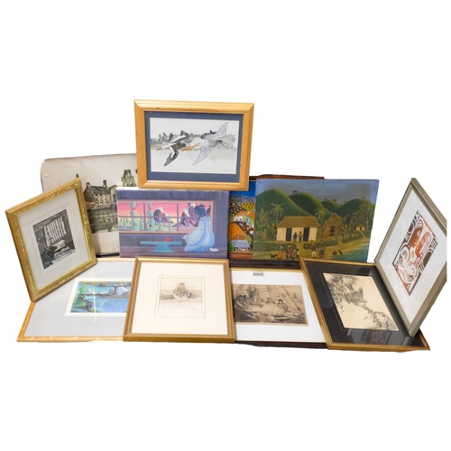 622 - Various watercolours, prints, oils framed and unframed. (boxful).