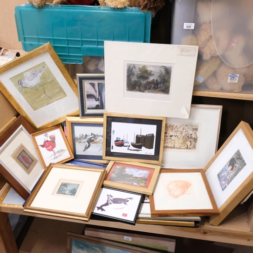 622 - Various watercolours, prints, oils framed and unframed. (boxful).