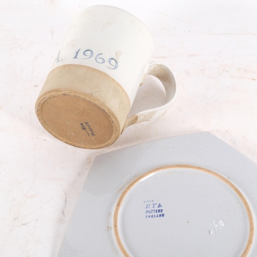 696 - A rare 1958 Rye Pottery octagonal plate, diameter 23cm, and a Rye Pottery mug initialled A.A. 1969 (... 