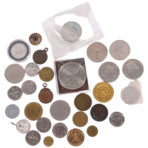 698 - A group of various coins, including 4 x £5 coins, tokens, medallions, etc