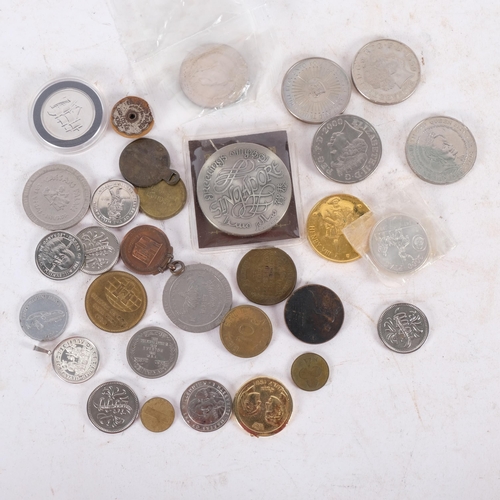 698 - A group of various coins, including 4 x £5 coins, tokens, medallions, etc