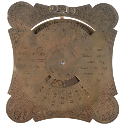 699 - C.L. Khannah & Son Moradabad, early 20th century engraved brass desk calendar, diameter 18cm