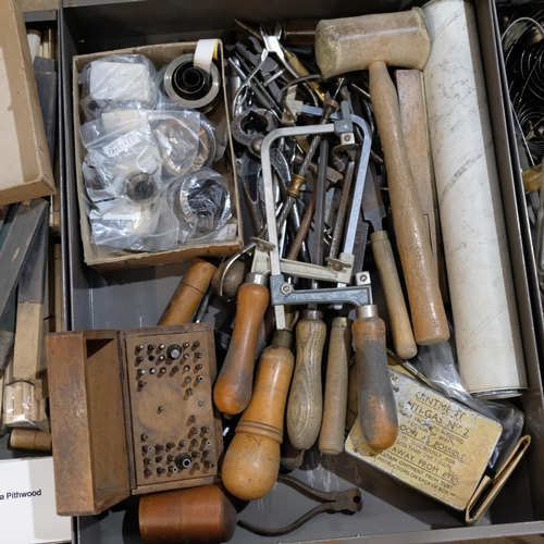 714 - A Stor metal 6-drawer filing chest, complete with watchmaker/clock maker's parts and accessories, in... 