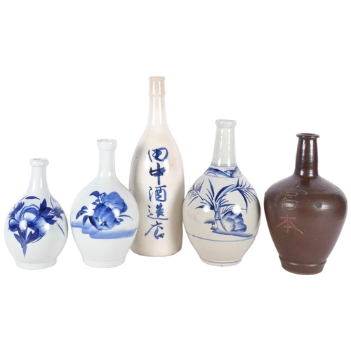 728 - A group of 5 Sake bottles and Oriental vases, various designs and sizes, largest height 38cm