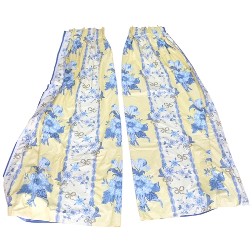 734 - A pair of Vintage curtains, Zoffany on linen, yellow and blue floral decoration, gather at the top 8... 