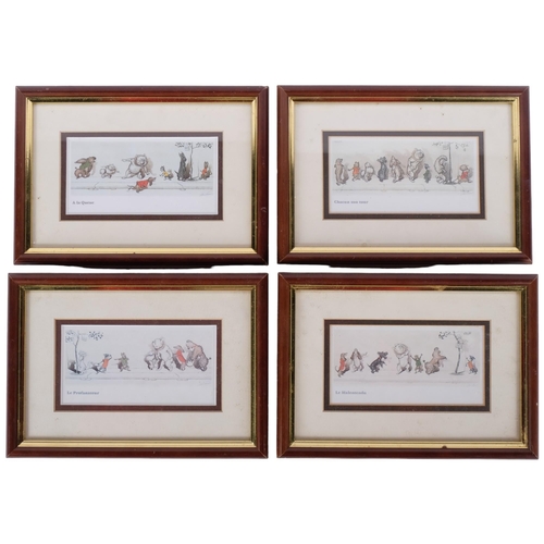 742 - A group of 4 framed caricature prints, various whimsical dog scenes, 2 similar table-top glass displ... 