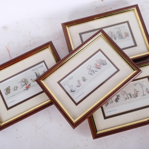 742 - A group of 4 framed caricature prints, various whimsical dog scenes, 2 similar table-top glass displ... 