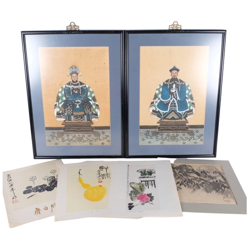 752 - A pair of Ancestor figure paintings, framed, 57cm x 42cm, a Japanese ink painting of an owl, and a f... 