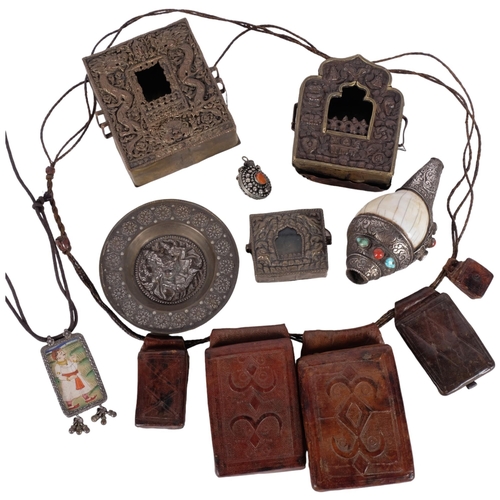 755 - WITHDRAWN  An interesting group of Tibetan ceremonial items, including a white metal conch shell, a ... 