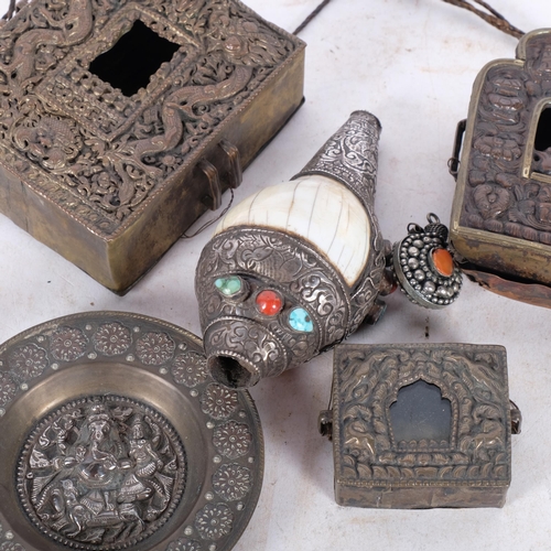 755 - WITHDRAWN  An interesting group of Tibetan ceremonial items, including a white metal conch shell, a ... 