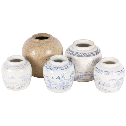 758 - 4 various Korean blue and white jars and a mottle glaze stoneware jar, largest height 13cm (5)