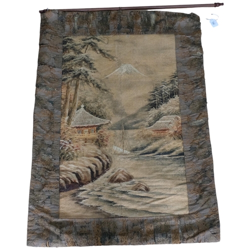 759 - An Antique silk wall hanging of Mount Fuji, with associated wooden rail, 110cm x 80cm